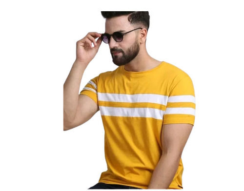 White And Yellow Comfortable And Breathable Men Cotton T Shirt For Daily Wear