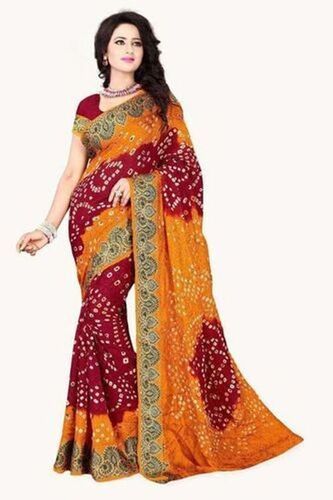 Art Silk Red And Orange Bandhani Saree With Blouse Piece