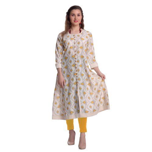 Ladies Ethnic Round Neck 3/4th Sleeves Rayon Printed A-Line Kurti 