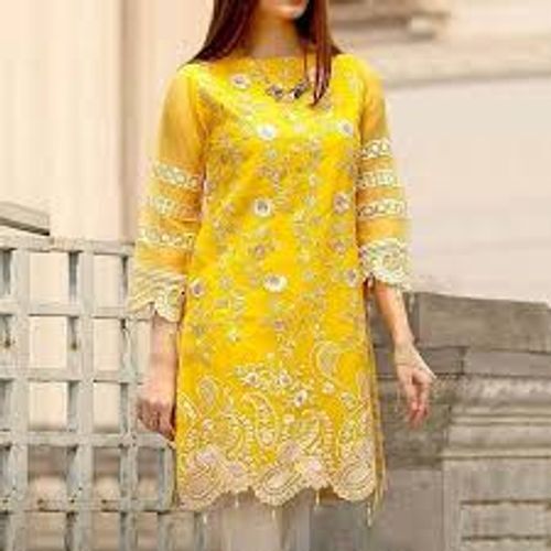 3/4 Sleeve Pattern Round Neckline Stylish And Light Weight Chiffon Printed Yellow Kurtis Decoration Material: Stones