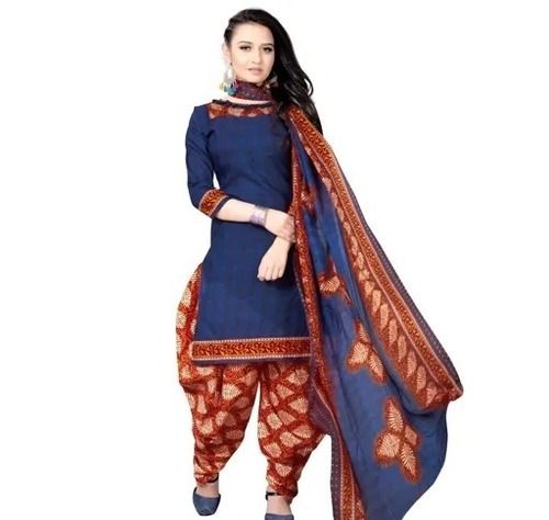 Yellow Blue And Maroon Comfortable Washable Party Wear Printed Cotton Patiala Suit 