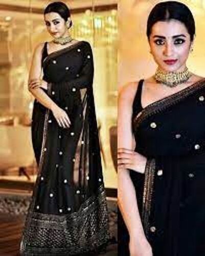 Polyester Indian Traditional Wear Plain And Beautiful Stone Worked Black Fancy Saree For Woman