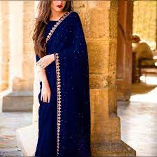 Georgette Indian Traditional Wear Plain Thread Worked Beautiful And Comfortable Fancy Blue Plain Saree For Woman