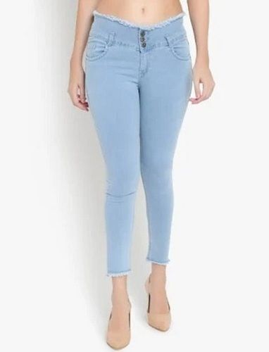 Light Blue Slim Plain Frey Hem Stretchable Fabric Ankle Length Modern Akacy 3 Button Ladies Jeans Grade: Industrial