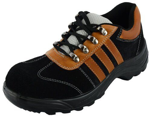 Men Black And Brown Leather Safety Shoes With Anti Skid