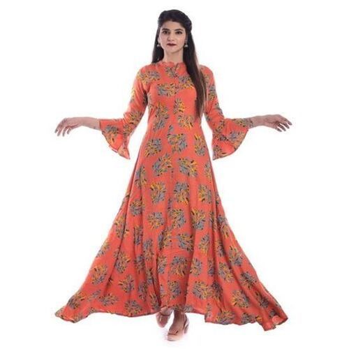 Printed Rayon Orange Kurti For Casual Wear