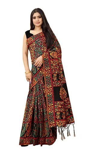 Black Stylish And Fancy Comfortable To Wear Pisara Kalamkari Printed Women'S Jacquard Cotton Saree