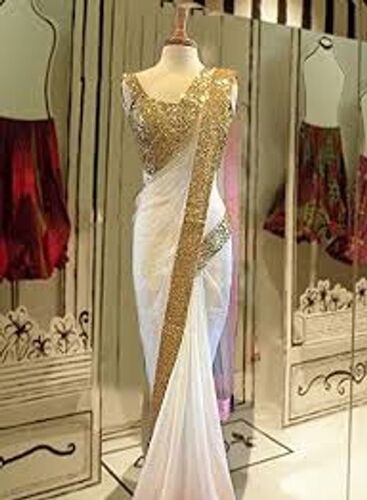 BHARODIYA ENTERPRISES White Color Bollywood Style Sequence Cotton Party  Wear Saree With Blouse|| Saree For