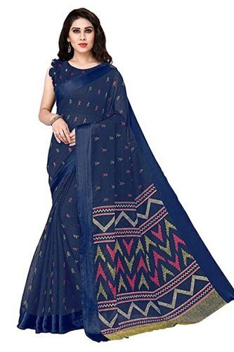 Buy Navy Blue Chanderi Cotton Silk Saree With Jute Pallu