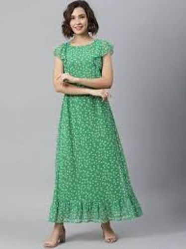 Indian Short Sleeve And Round Neckline Printed Green Chiffon Fabrics Full Length Dress