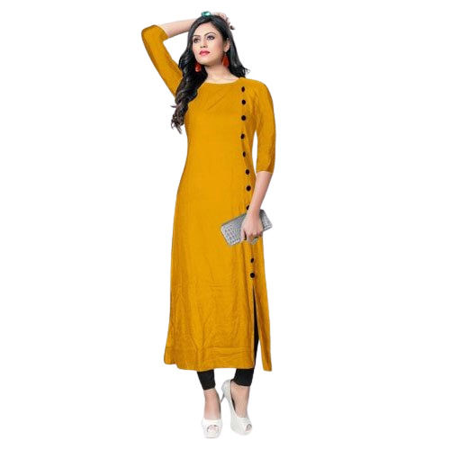 Breathable Women'S Round Neck 3/4 Sleeves Casual Wear A Line Yellow Rayon Plain Kurti