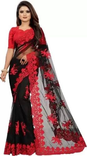 Steel Grey Comfortable And Washable Designer Party Wear Embroidered Net Saree