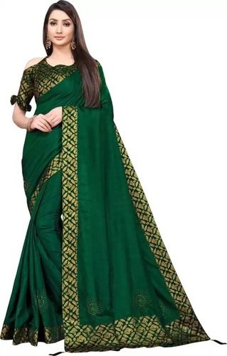 Dark Green Ladies Party Wear Cotton Silk Embroidered Saree With Unstitched Blouse Piece 