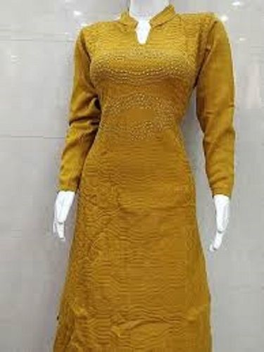 No Fade Women Elegant Look Collar Neck And Full Sleeves Yellow Woolen Kurti