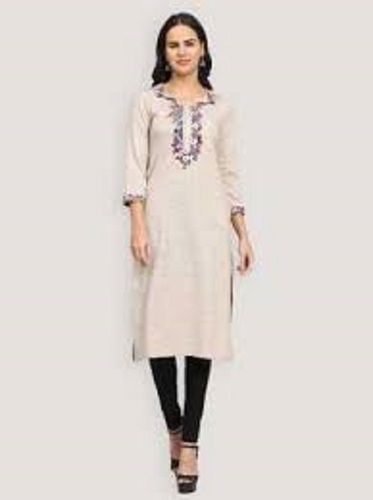 Women Skin Friendly And Embroidered Neck 3/4 Sleeves White Woolen Kurti