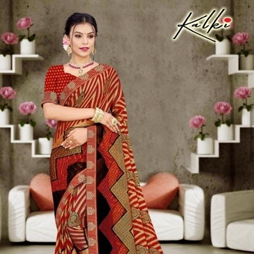 Ladies Printed Kalki Chiffon Brasso Saree For Party Wear