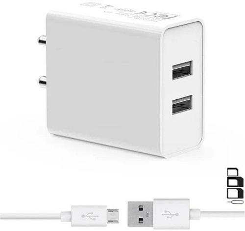 Rectangular Plastic Body Mobile Charger With 1 Meter Micro USB Charging Cable - Plastic Build, 1 Meter Length, White Color, High-Speed Charging Capability, Ultra-Compact Design