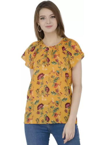 मशीन मेड कैज़ुअल वियर वॉशेबल और हवा पार होने योग्य गोल नेक स्लीव्स फ्लोरल प्रिंटेड महिलाओं का फैशन टॉप