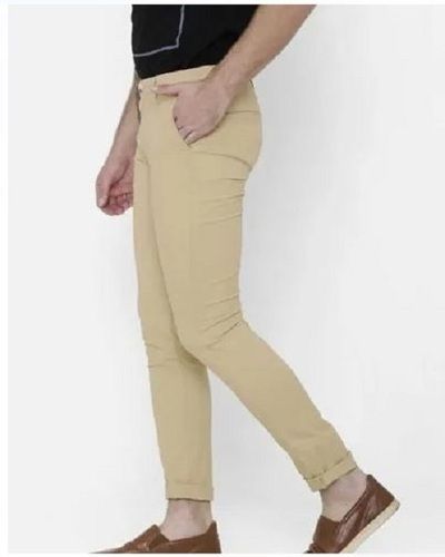 Beige Slim Fit Cotton Lycra Pants for Men by