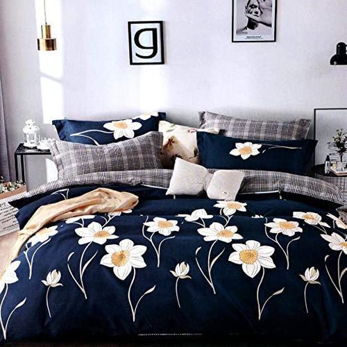 Black Excellent Comfortable Soft Smooth Printed Design Floral Blue Cotton Double Bedsheet With Pillow Cover