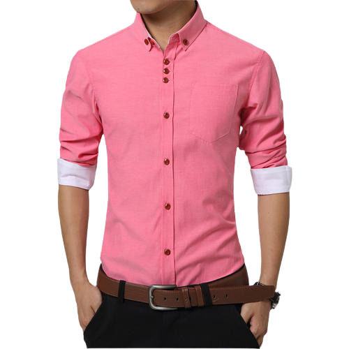 Breathable Men'S Full Sleeves Collar Neck Cotton Plain Slim Fit Pink Shirt