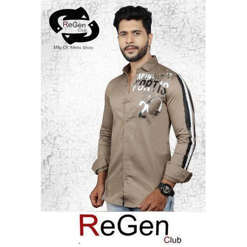 Printed Brown Men Full Sleeve Cotton Shirt For Casual Wear Occasion