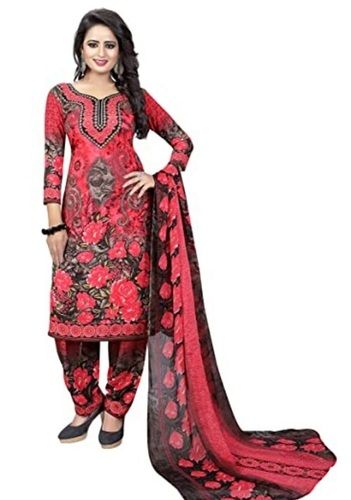 Ladies Fashionable Breathable Stylish 3/4 Sleeve Red And Black Printed Salwar Suit