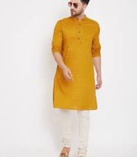 Long Sleeve With Cutaway Collar Stylish Modern Plain Yellow Kurta For Mens