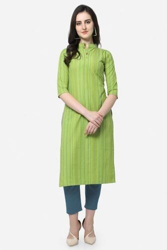 Washable Women'S Fashionable Stylish 3/4Th Sleeves Printed Cotton Light Green Kurti