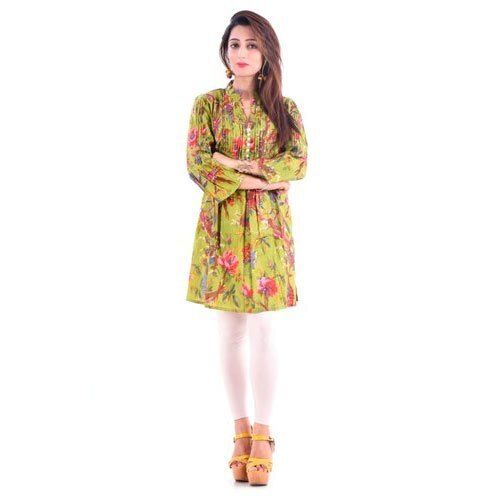 Breathable Women'S Stylish 3/4Th Sleeves Fancy Cotton Printed Green Kurti