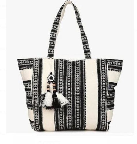 Washable And Portable Ladies Black And White Cotton Bag With Tassels