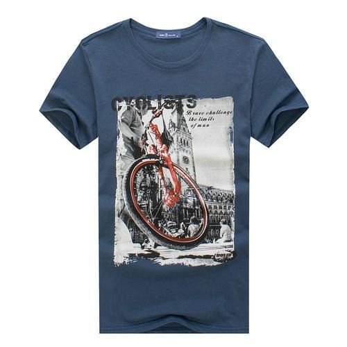 Casual Wear And Short Sleeves Round Neck Blue Printed Mens T Shirt