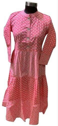 फुल स्लीव और राउंड नेक पिंक (गुलाबी) बांधनी कुर्ती