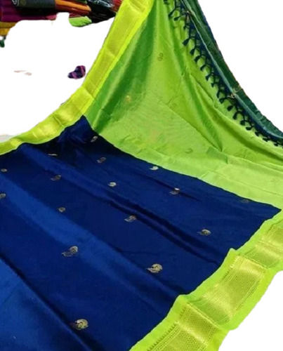 Washable And Breathable Dark Blue And Green Cotton Silk Saree