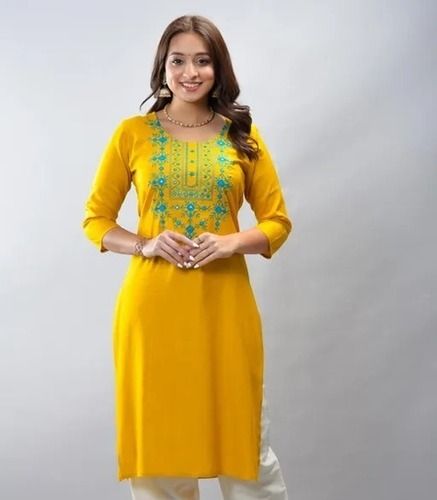 Comfortable And Washable Embroidered Pattern Yellow And Sky Blue Ladies Kurta Application: Industrial