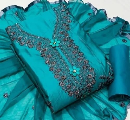 Automatic Party Wear Comfortable And Washable Sky Blue Embroidered Pattern Designer Suit