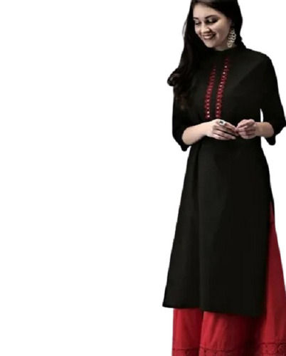 Black Full Sleeve Straight Cotton Fabrics And Embroidered Viscose Rayon Ladies Kurta 