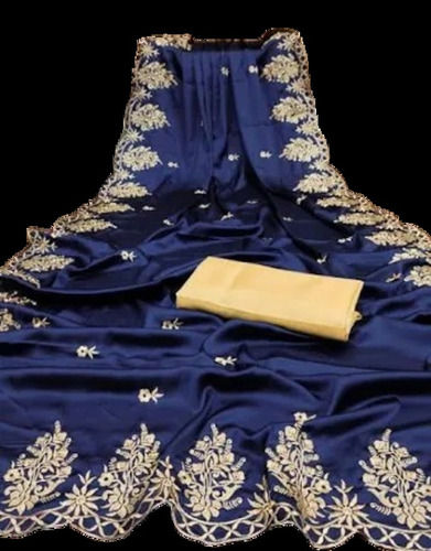 Dark Blue Chiffon Zari Work Thread Butta Floral Embroidery Women Saree