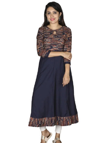 Easily Washable And Breathable Printed Full Sleeves Round Neck Cotton Silk Dark Blue Frock Suit