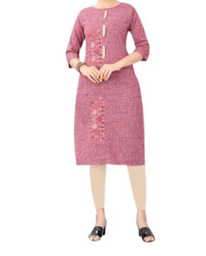 Pink Ladies Designer Casual Wear Embroidered Cotton Kurti