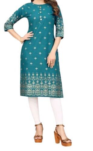 Green Ladies Trending Foil Printed Cotton Straight Kurtis