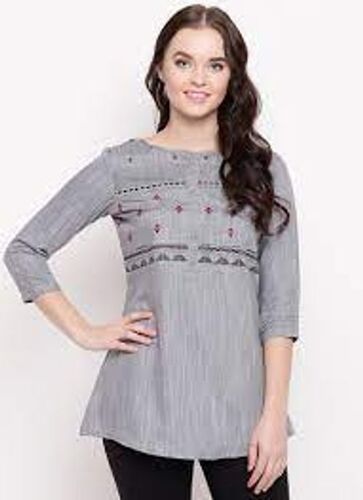 Stylish 3/4 Sleeve Pattern Round Neckline Plain Fancy Grey Cotton Top For Ladies Length: 26 Inch (In)