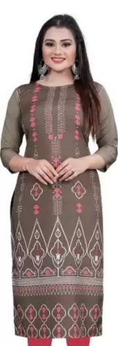 Steel Comfortable Easy To Wash Fancy Brown Printed Crepe Fabric Straight Women Kurta