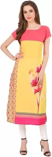 आरामदायक फैंसी पिंक (गुलाबी) और पीला डिजिटल प्रिंटेड क्रेप स्ट्रेट महिलाओं के लिए कुर्ता