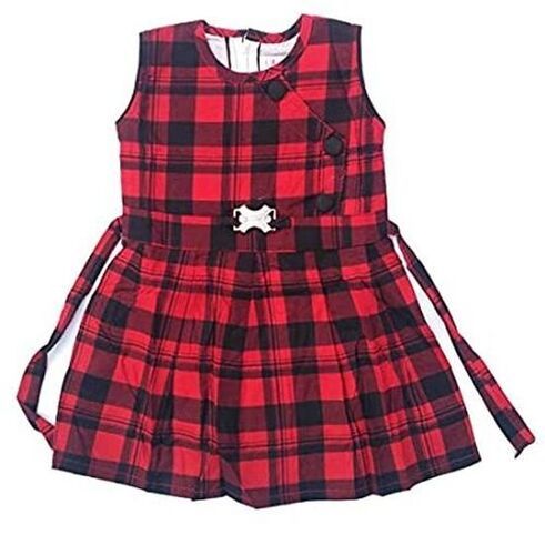 Baby Girl Sleeveless Round Neck Checked Cotton Casual Wear Frock