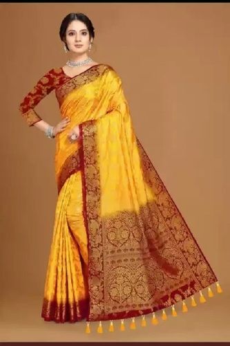 Fancy Designer Yellow And Red Woven Banarasi Cotton Silk With Blouse Saree