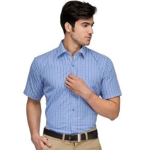 Men'S Stylish Formal Wear Half Sleeves Cotton Checks Blue Shirt, Size S To Xl