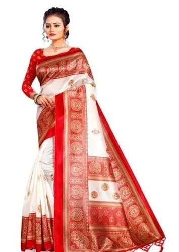 रेड एंड व्हाइट कैज़ुअल वियर स्किन फ्रेंडली लेडीज़ प्रिंटेड सिल्क साड़ी