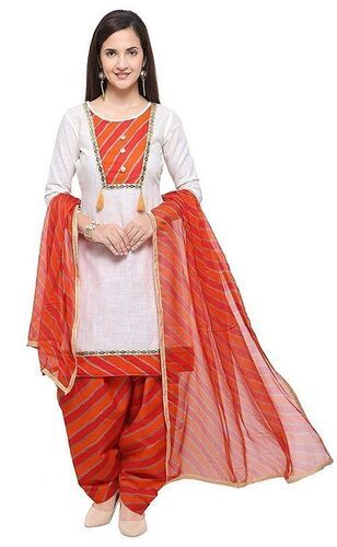 White Casual Wear Round Neck 3/4Th Sleeves Cotton Punjabi Suit For Ladies