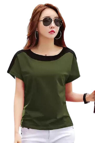 Comfortable Daily Wear Green And Black Plain Cotton T Shirt For Ladies